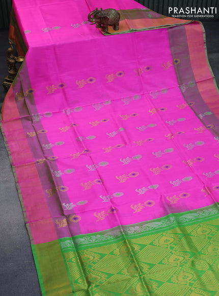 Pure uppada silk saree candy pink and light green with silver & gold zari woven buttas and zari woven border