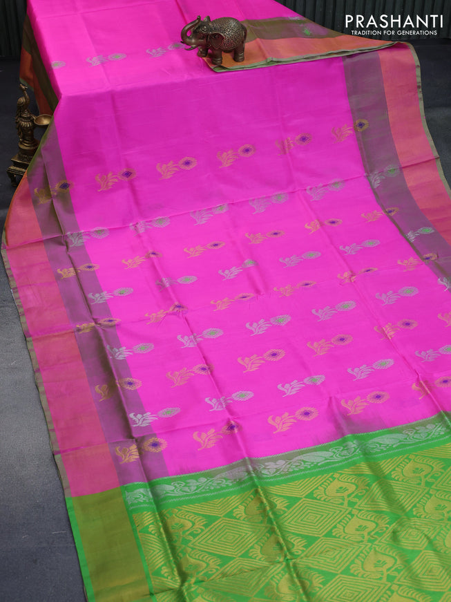 Pure uppada silk saree candy pink and light green with silver & gold zari woven buttas and zari woven border