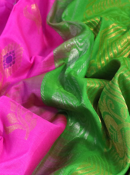 Pure uppada silk saree candy pink and light green with silver & gold zari woven buttas and zari woven border