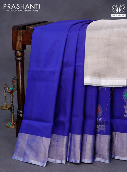 Pure uppada silk saree blue with allover silver zari woven buttas and silver zari woven border