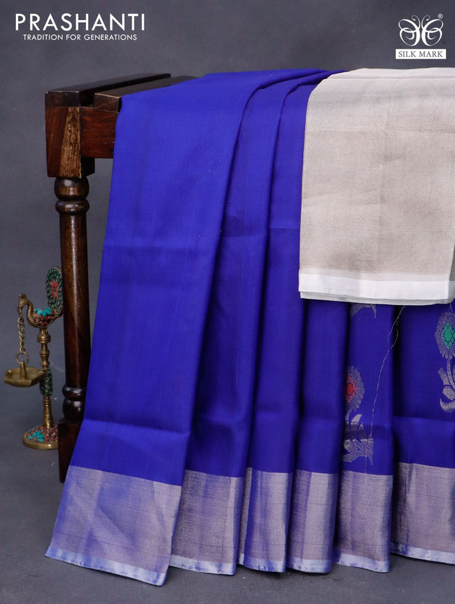 Pure uppada silk saree blue with allover silver zari woven buttas and silver zari woven border