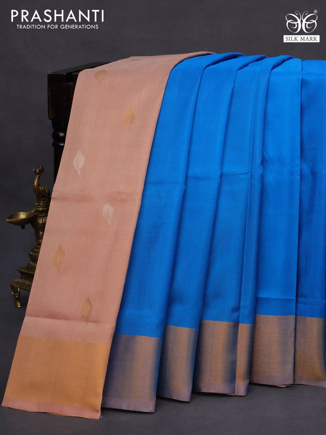 Pure uppada partly silk saree cs blue and sandal with plain body and zari woven border