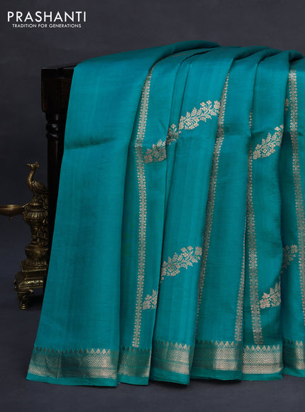 Poona silk saree teal blue with allover zari weaves and zari woven border