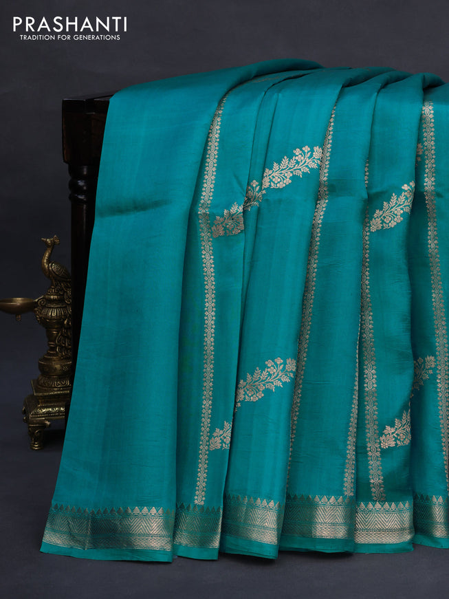 Poona silk saree teal blue with allover zari weaves and zari woven border