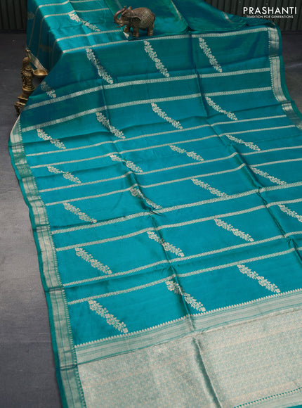 Poona silk saree teal blue with allover zari weaves and zari woven border