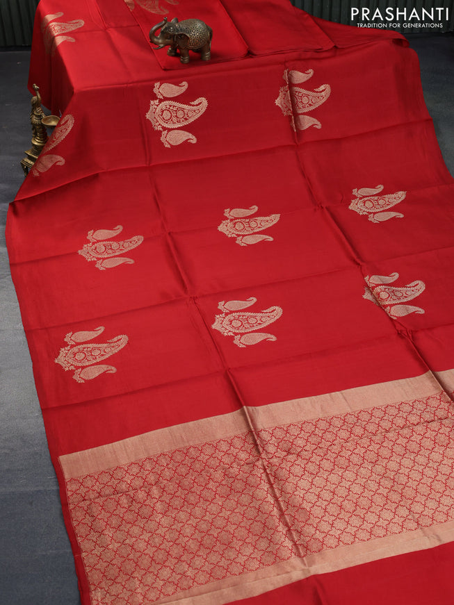 Poona silk saree red with paisley zari woven buttas in borderless style