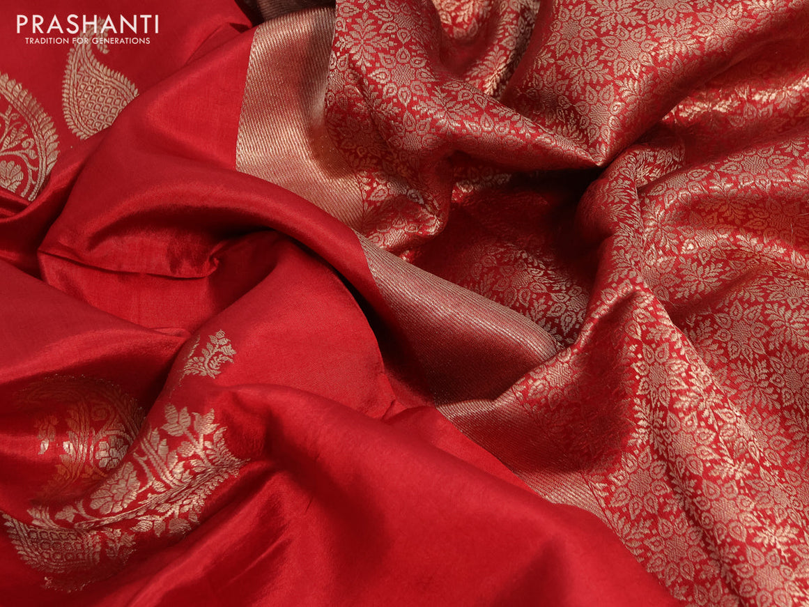 Poona silk saree red with paisley zari woven buttas in borderless style