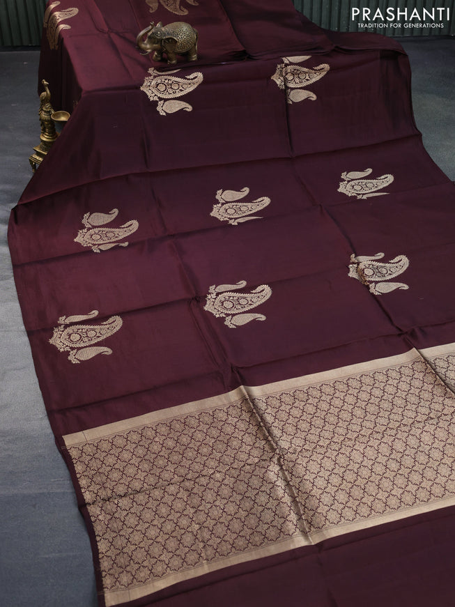 Poona silk saree coffee brown with paisley zari woven buttas in borderless style