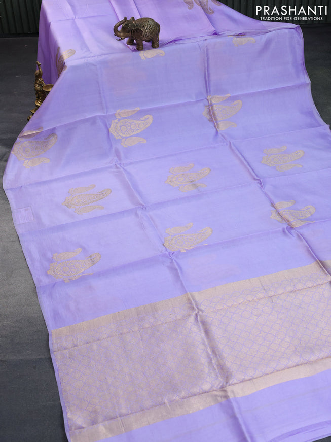 Poona silk saree lavender with paisley zari woven buttas in borderless style