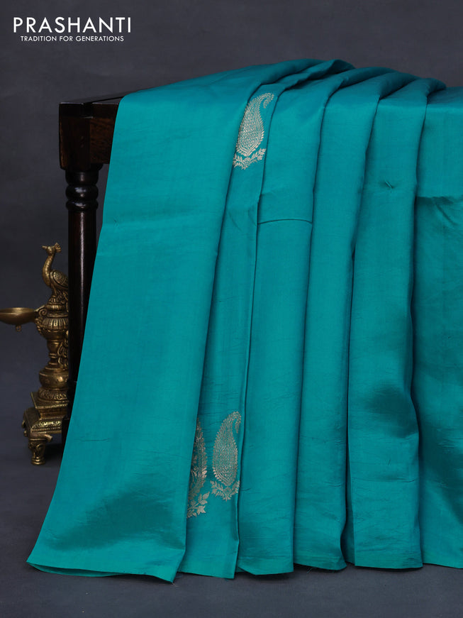 Poona silk saree teal blue with paisley zari woven buttas in borderless style