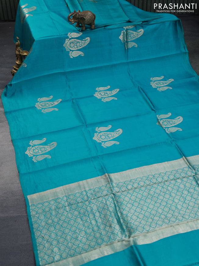 Poona silk saree teal blue with paisley zari woven buttas in borderless style