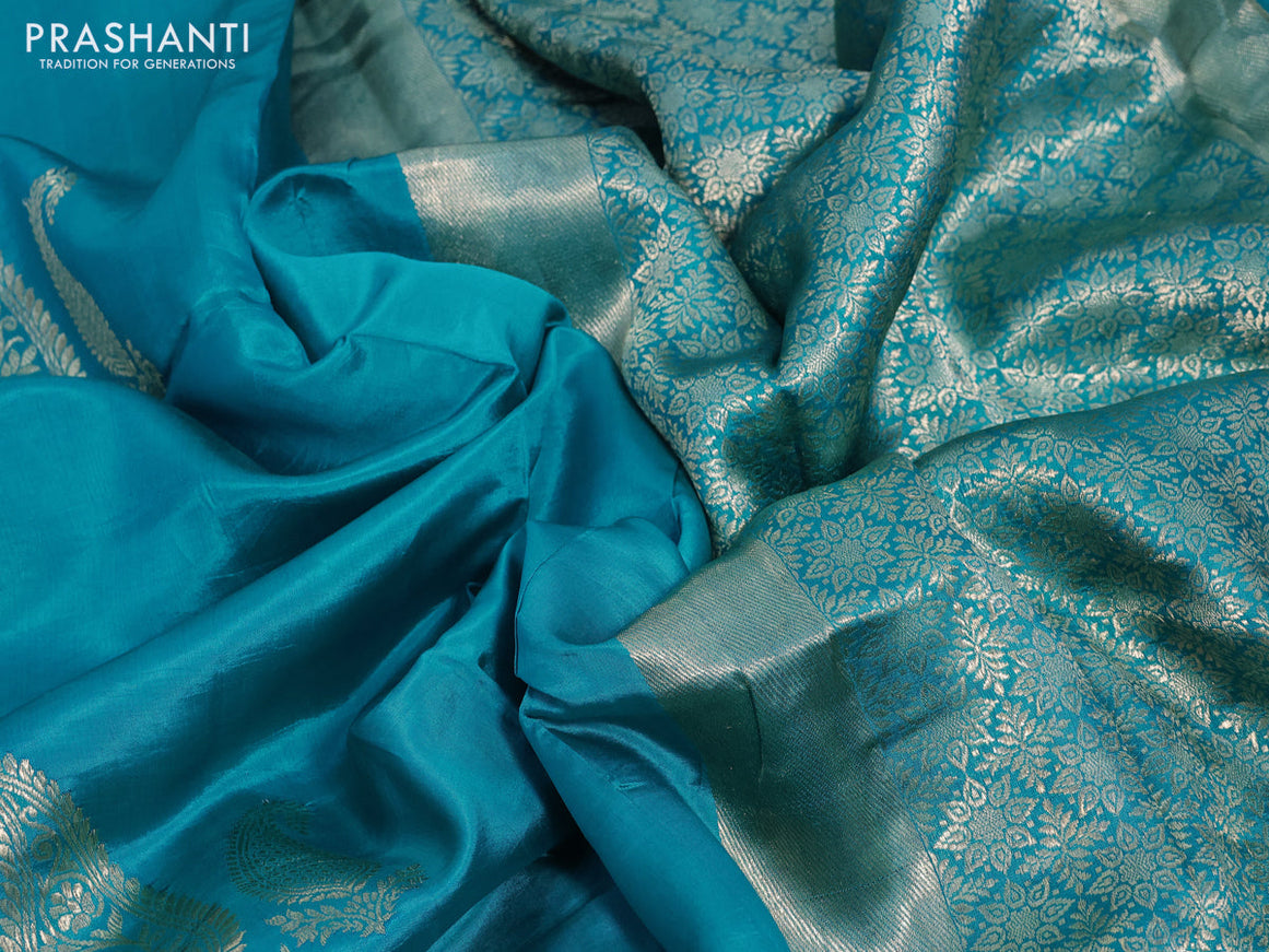 Poona silk saree teal blue with paisley zari woven buttas in borderless style