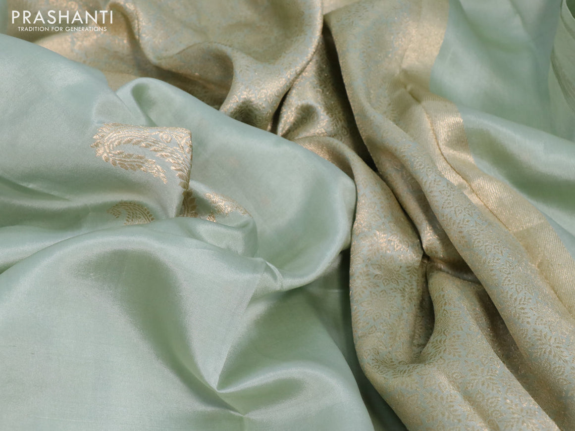 Poona silk saree pastel green with paisley zari woven buttas in borderless style