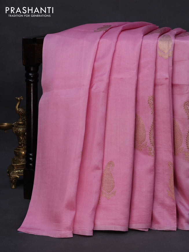 Poona silk saree light pink with paisley zari woven buttas in borderless style