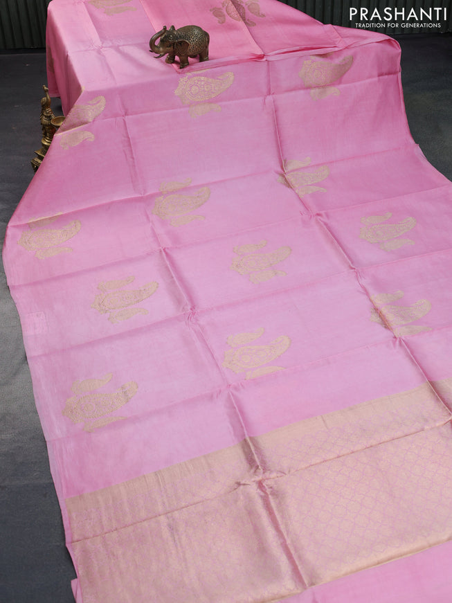 Poona silk saree light pink with paisley zari woven buttas in borderless style