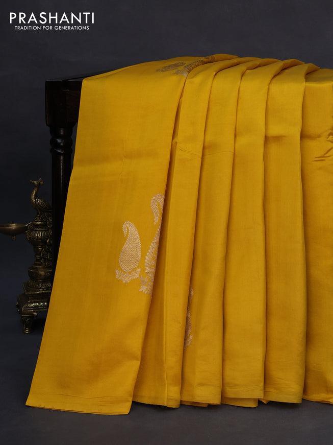 Poona silk saree yellow with paisley zari woven buttas in borderless style