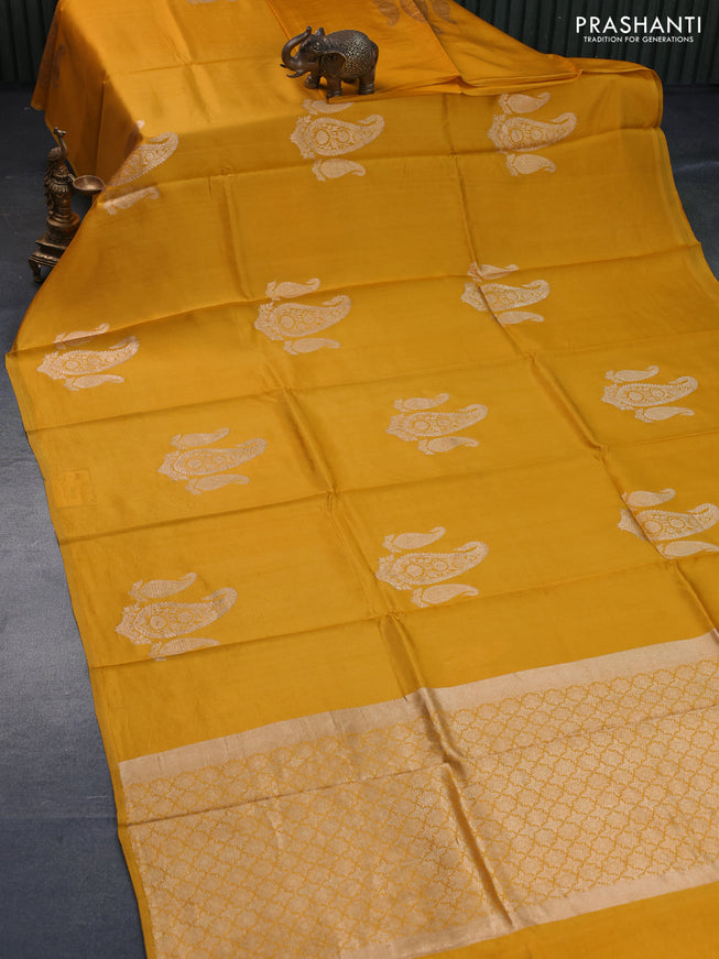 Poona silk saree yellow with paisley zari woven buttas in borderless style