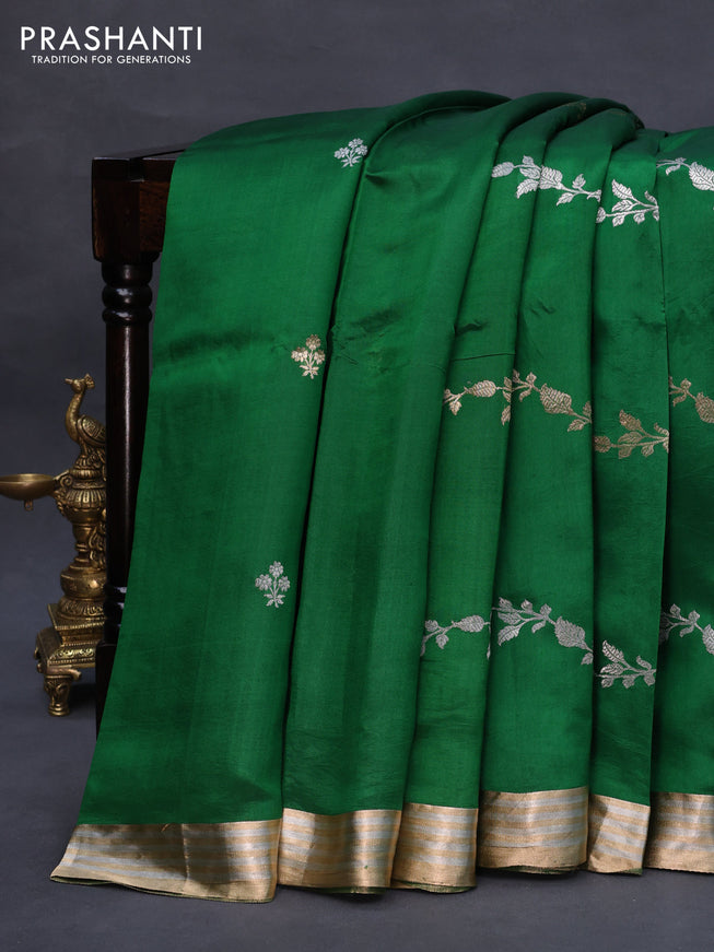 Poona silk saree green with silver & gold zari weaves and zari woven border