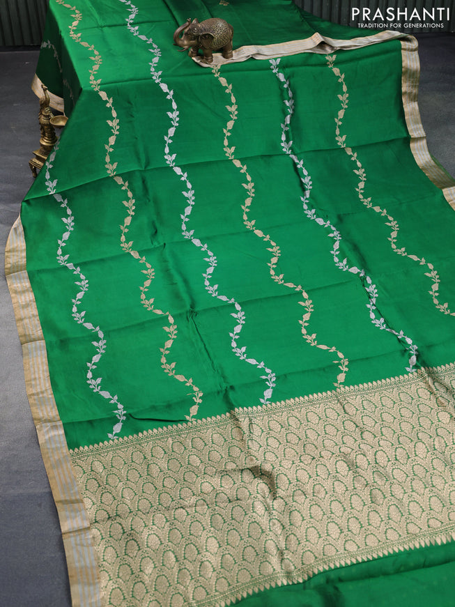 Poona silk saree green with silver & gold zari weaves and zari woven border