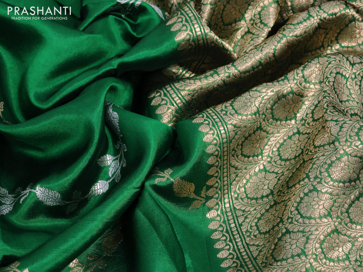 Poona silk saree green with silver & gold zari weaves and zari woven border