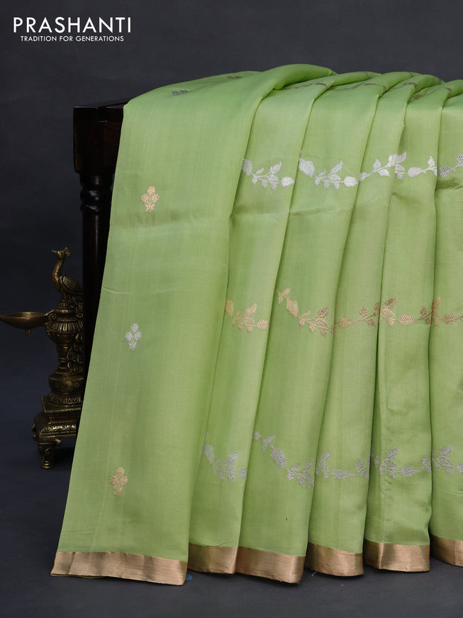 Poona silk saree light green with silver & gold zari weaves and zari woven border