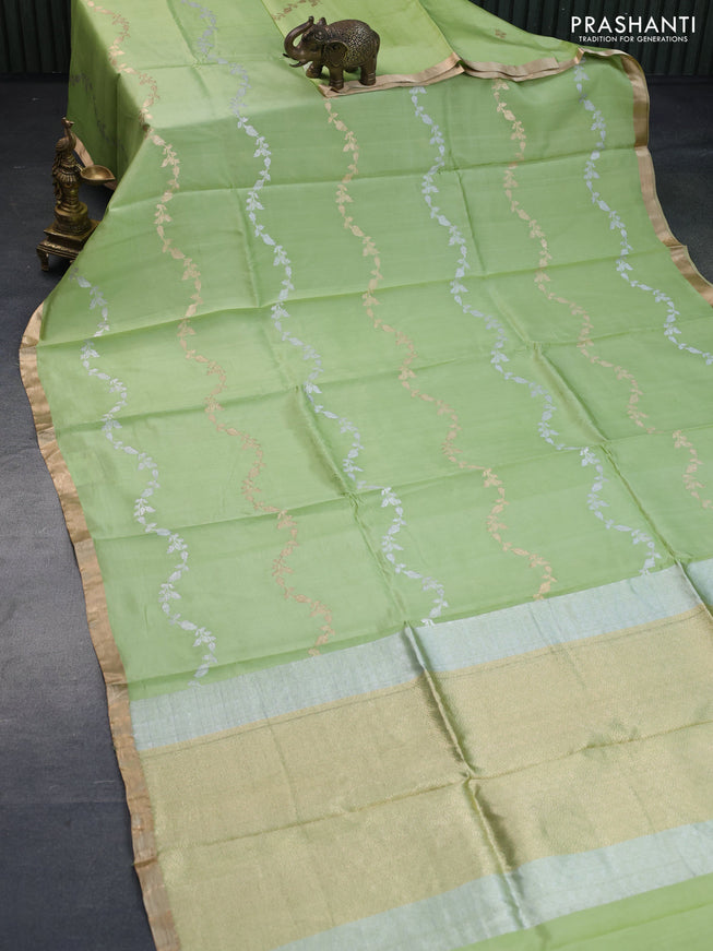 Poona silk saree light green with silver & gold zari weaves and zari woven border