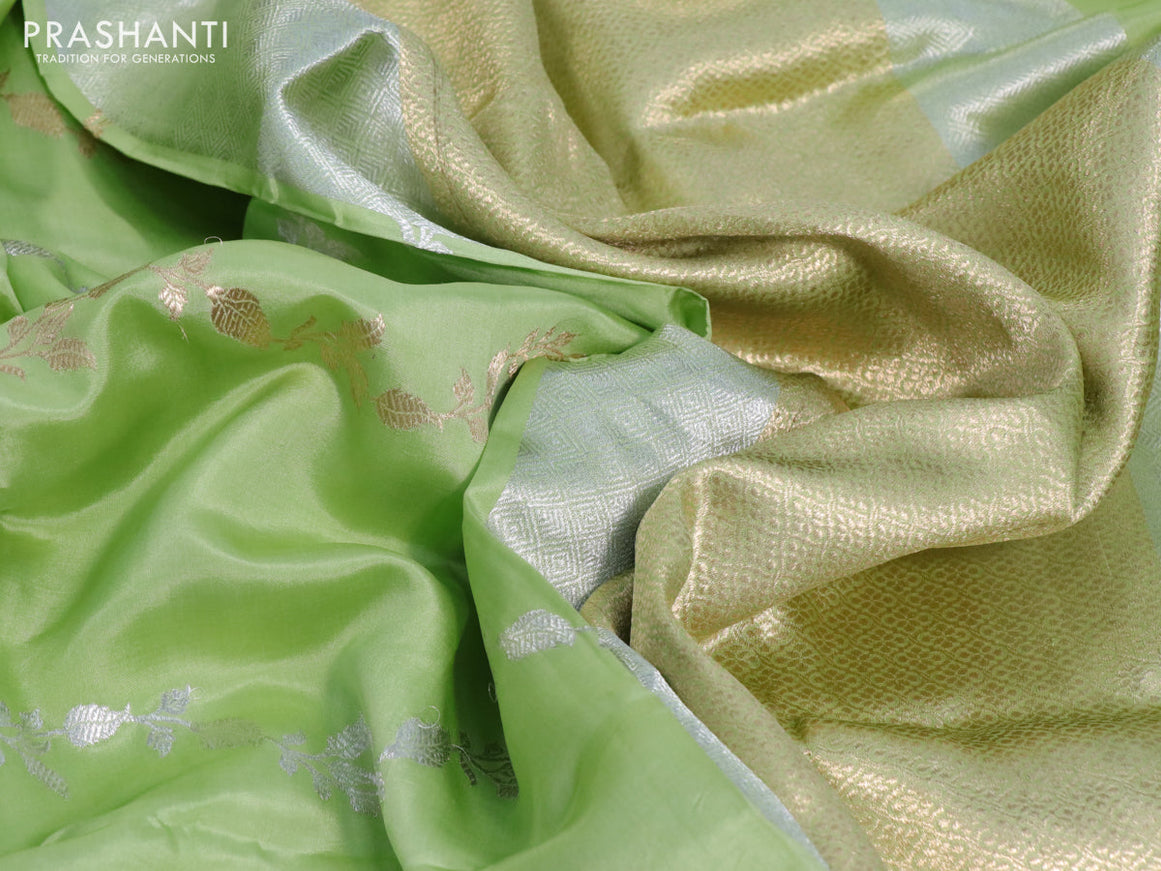 Poona silk saree light green with silver & gold zari weaves and zari woven border