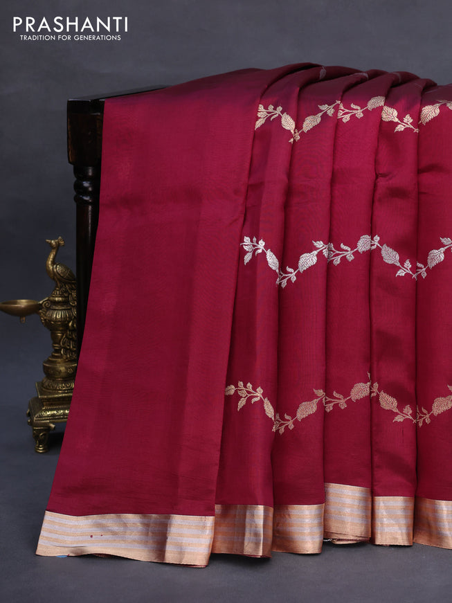 Poona silk saree maroon with silver & gold zari weaves and zari woven border