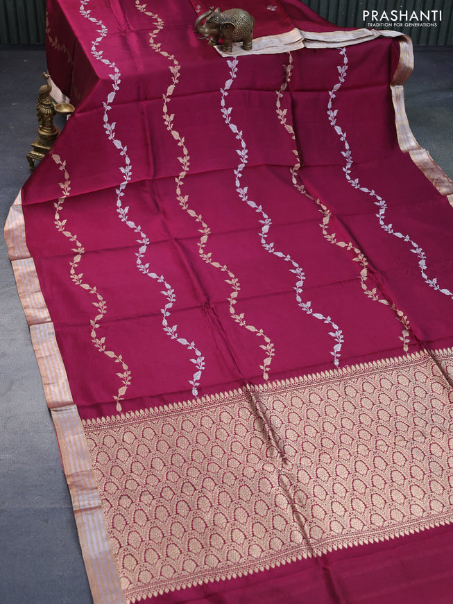 Poona silk saree maroon with silver & gold zari weaves and zari woven border