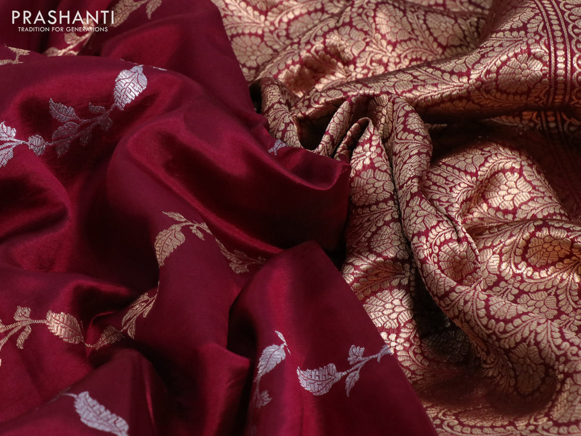 Poona silk saree maroon with silver & gold zari weaves and zari woven border