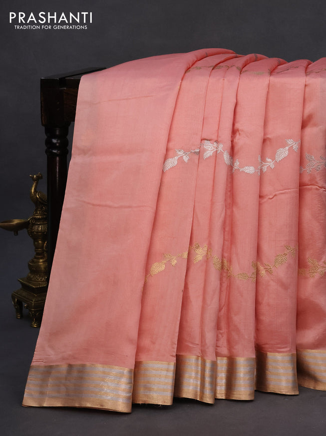 Poona silk saree peach orange with silver & gold zari weaves and zari woven border