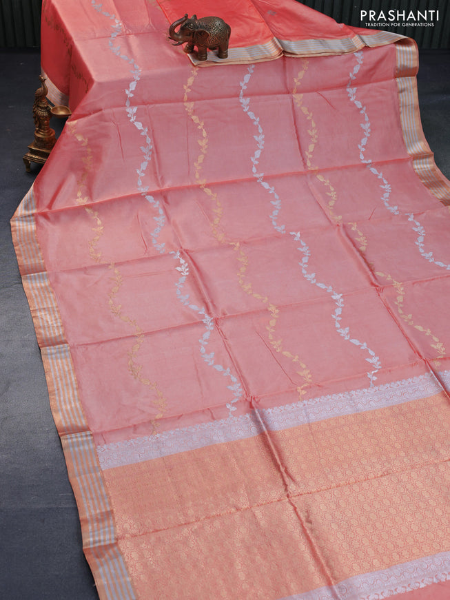 Poona silk saree peach orange with silver & gold zari weaves and zari woven border