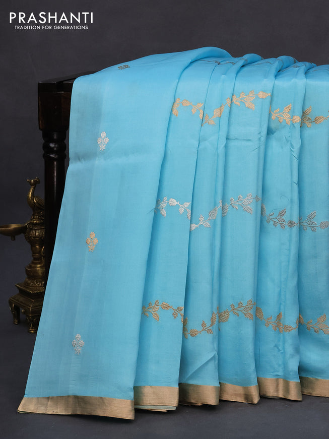 Poona silk saree light blue with silver & gold zari weaves and zari woven border