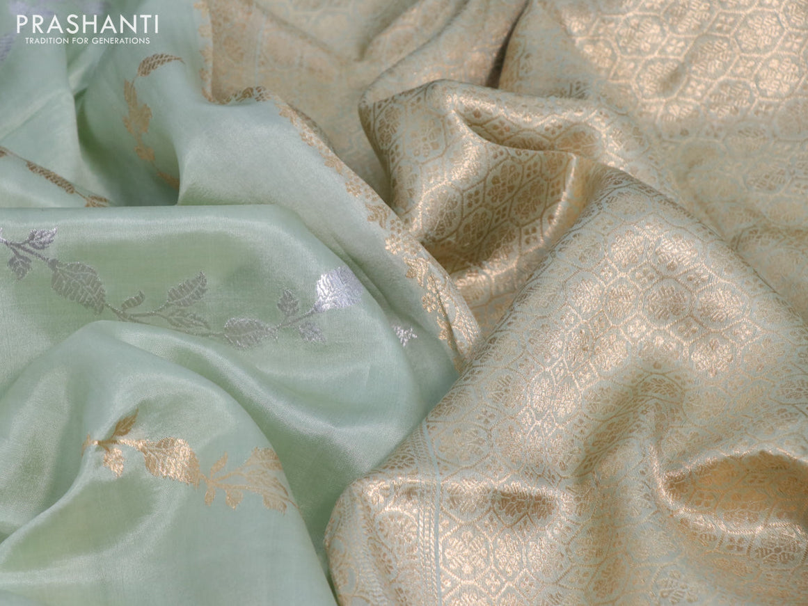 Poona silk saree pastel green with silver & gold zari weaves and zari woven border