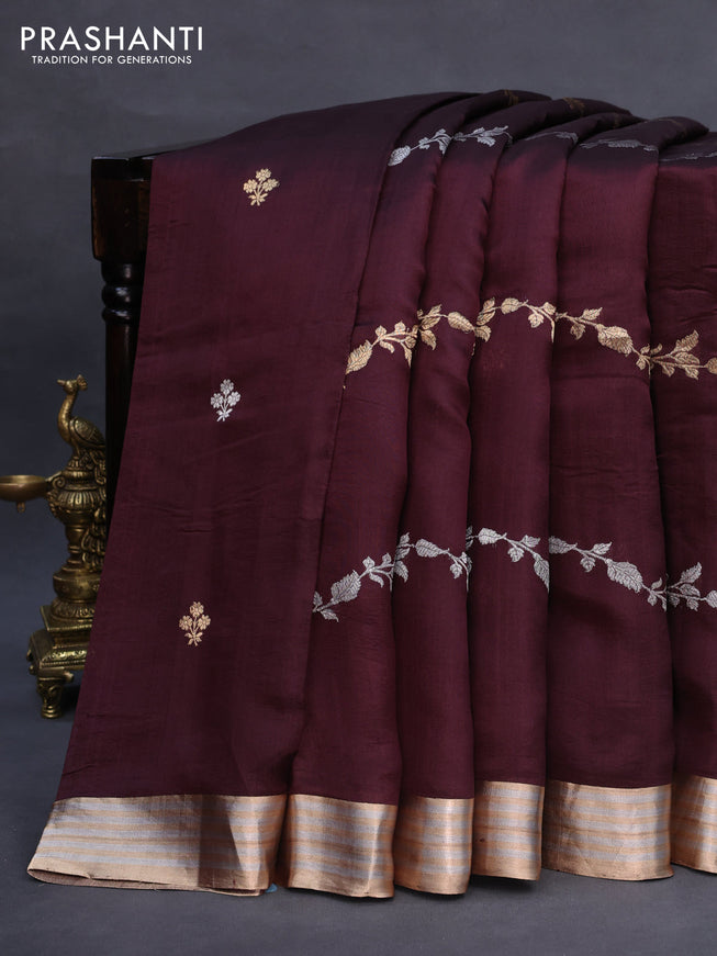 Poona silk saree coffee brown with silver & gold zari weaves and zari woven border