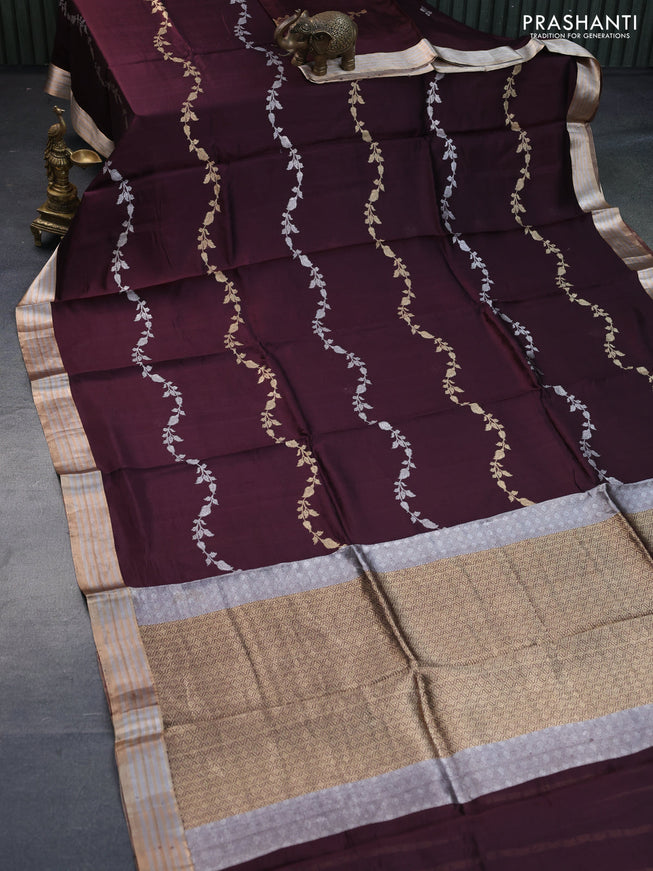 Poona silk saree coffee brown with silver & gold zari weaves and zari woven border