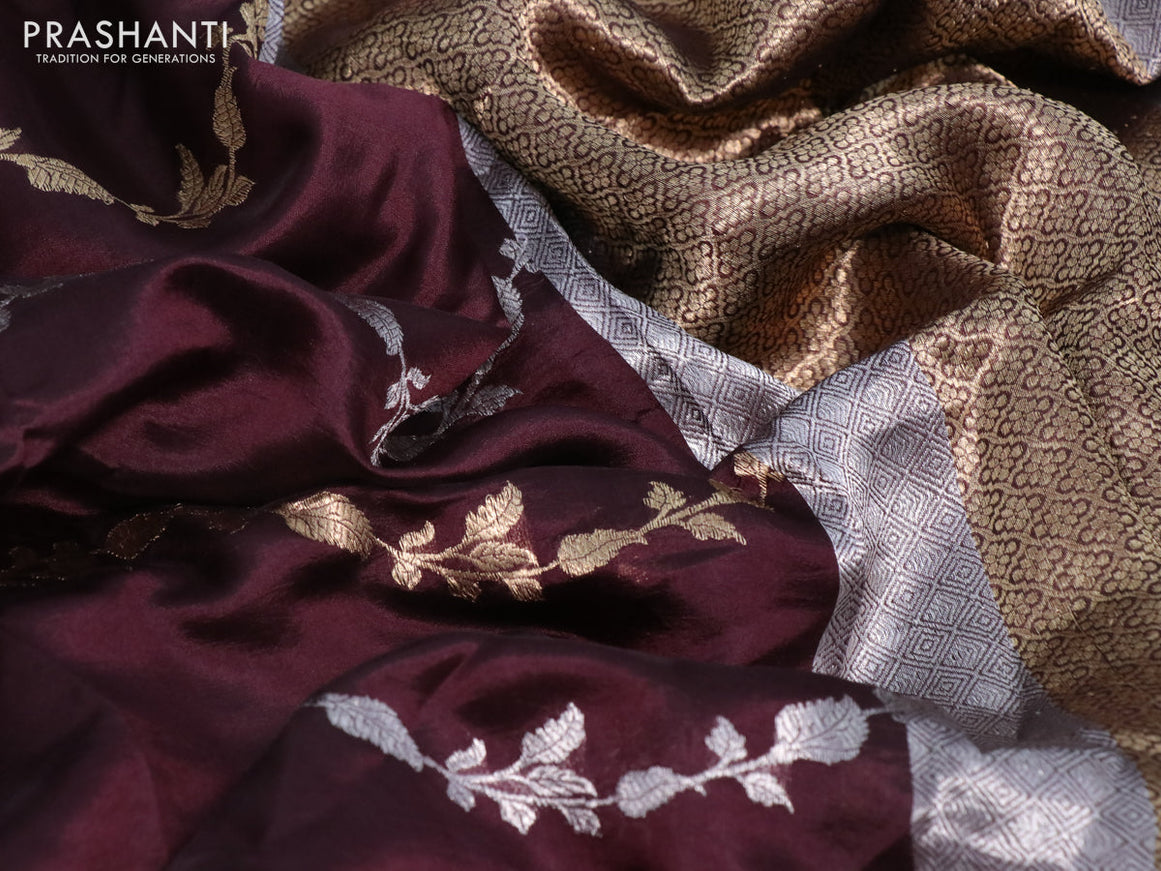 Poona silk saree coffee brown with silver & gold zari weaves and zari woven border