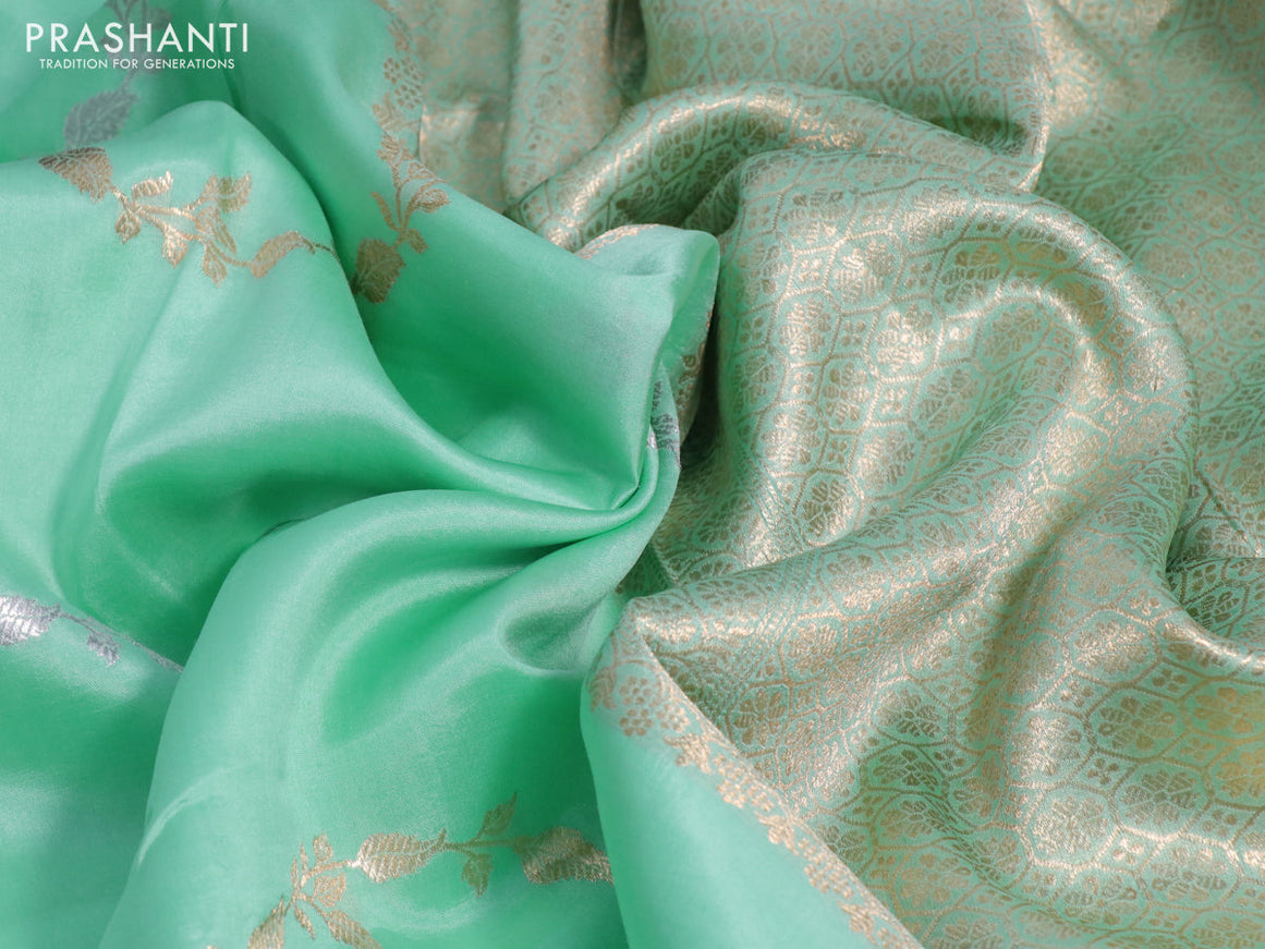 Poona silk saree teal shade with silver & gold zari weaves and zari woven border