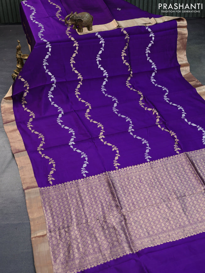 Poona silk saree violet with silver & gold zari weaves and zari woven border