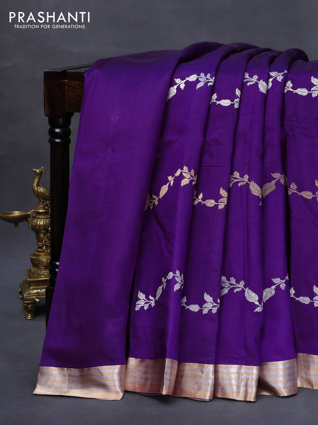 Poona silk saree violet with silver & gold zari weaves and zari woven border