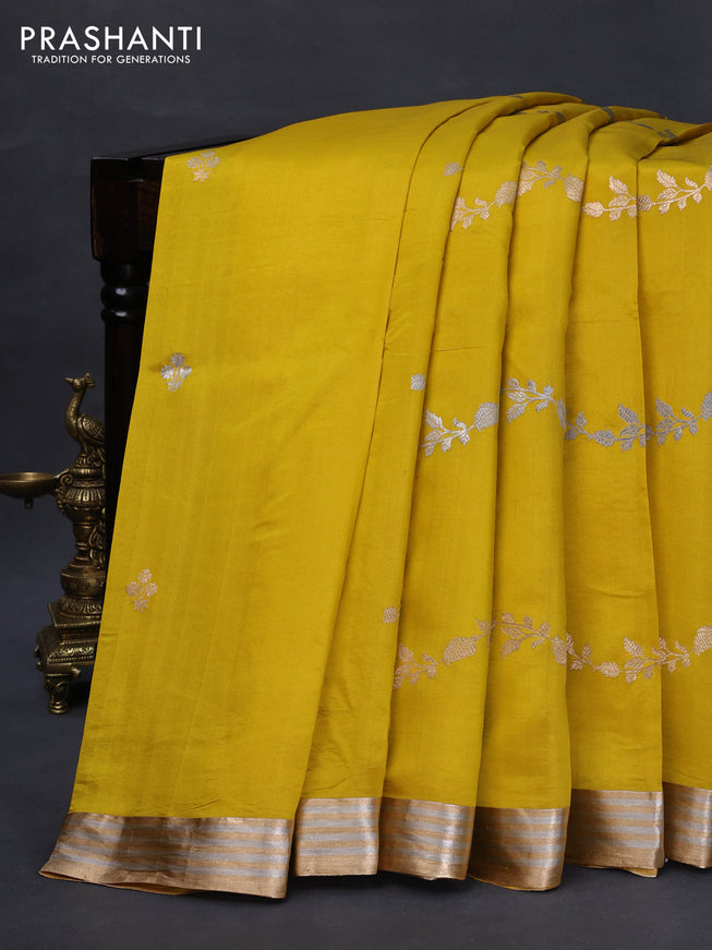 Poona silk saree yellow with silver & gold zari weaves and zari woven border