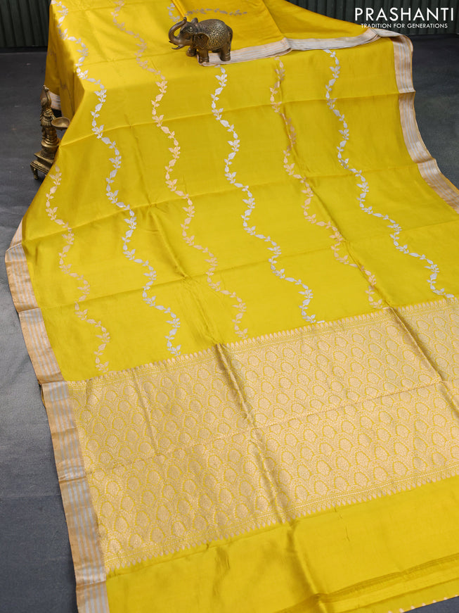 Poona silk saree yellow with silver & gold zari weaves and zari woven border