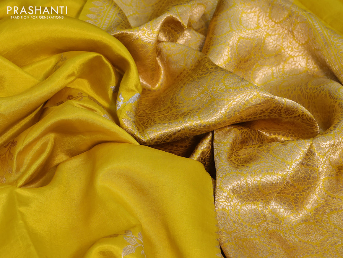 Poona silk saree yellow with silver & gold zari weaves and zari woven border