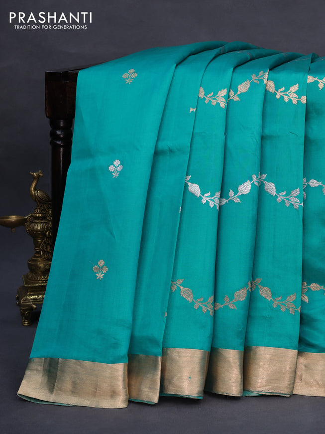 Poona silk saree teal blue with silver & gold zari weaves and zari woven border