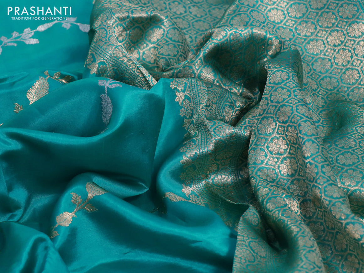 Poona silk saree teal blue with silver & gold zari weaves and zari woven border