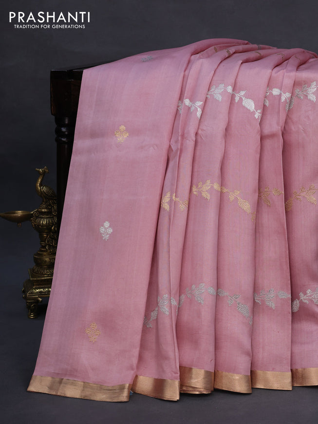 Poona silk saree pastel pink with silver & gold zari weaves and zari woven border