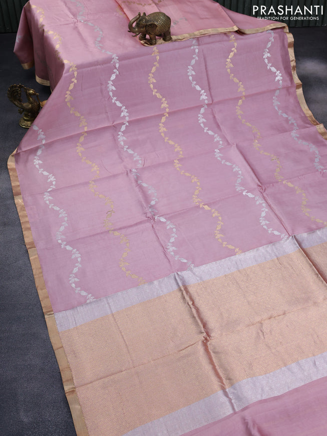 Poona silk saree pastel pink with silver & gold zari weaves and zari woven border