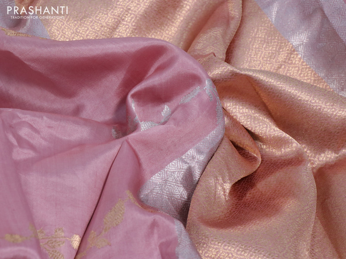 Poona silk saree pastel pink with silver & gold zari weaves and zari woven border