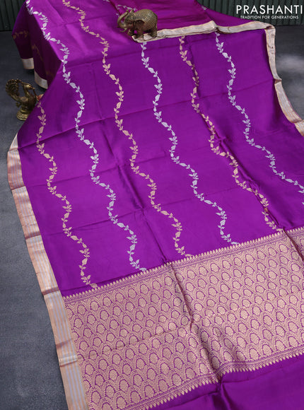 Poona silk saree purple with silver & gold zari weaves and zari woven border