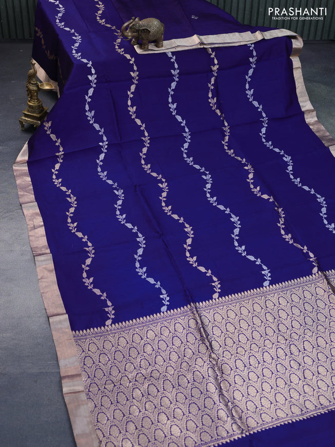 Poona silk saree blue with silver & gold zari weaves and zari woven border